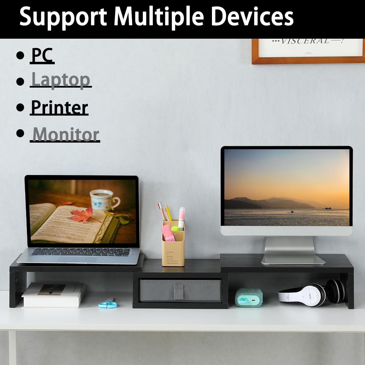 Dual Monitor Stand Riser with Drawer - Length and Angle Adjustable Double Monitor Riser Corner Desk Shelf Organizer 37 inch Long Monitor Riser for 2 Monitors/Laptop/PC/Screen/TV