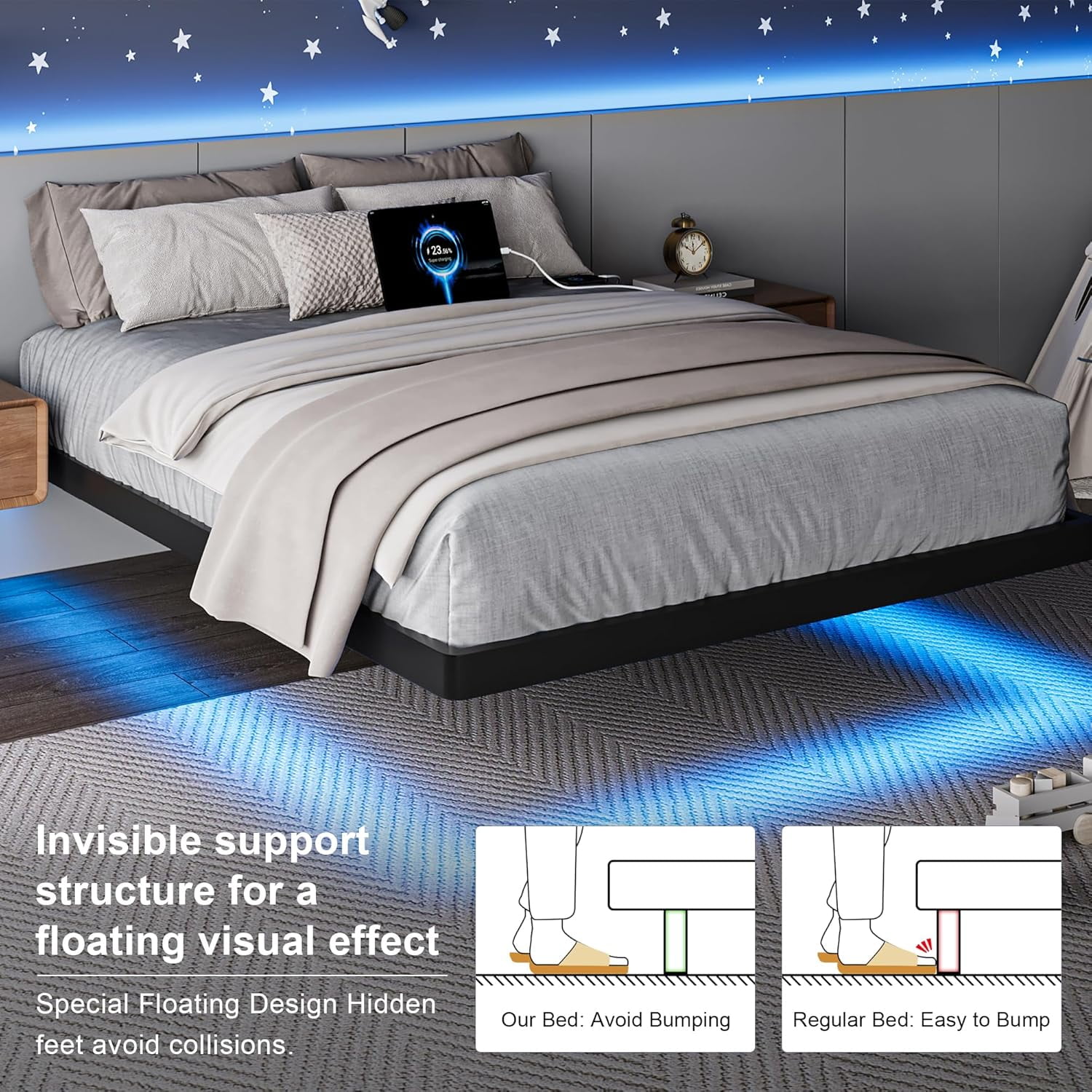 Honfach Twin Size Floating Bed Frame with Led Lights and Charging Station, Metal Bed Frame with Heavy Duty Steel Slats Supports,Black