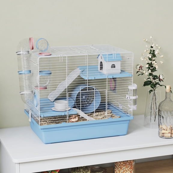 PawHut Hamster Cage, 3-Tier Gerbil Cage with Exercise Wheel, House, Tunnels, Ramps, Small Animal Cage for Dwarf Hamster, Blue