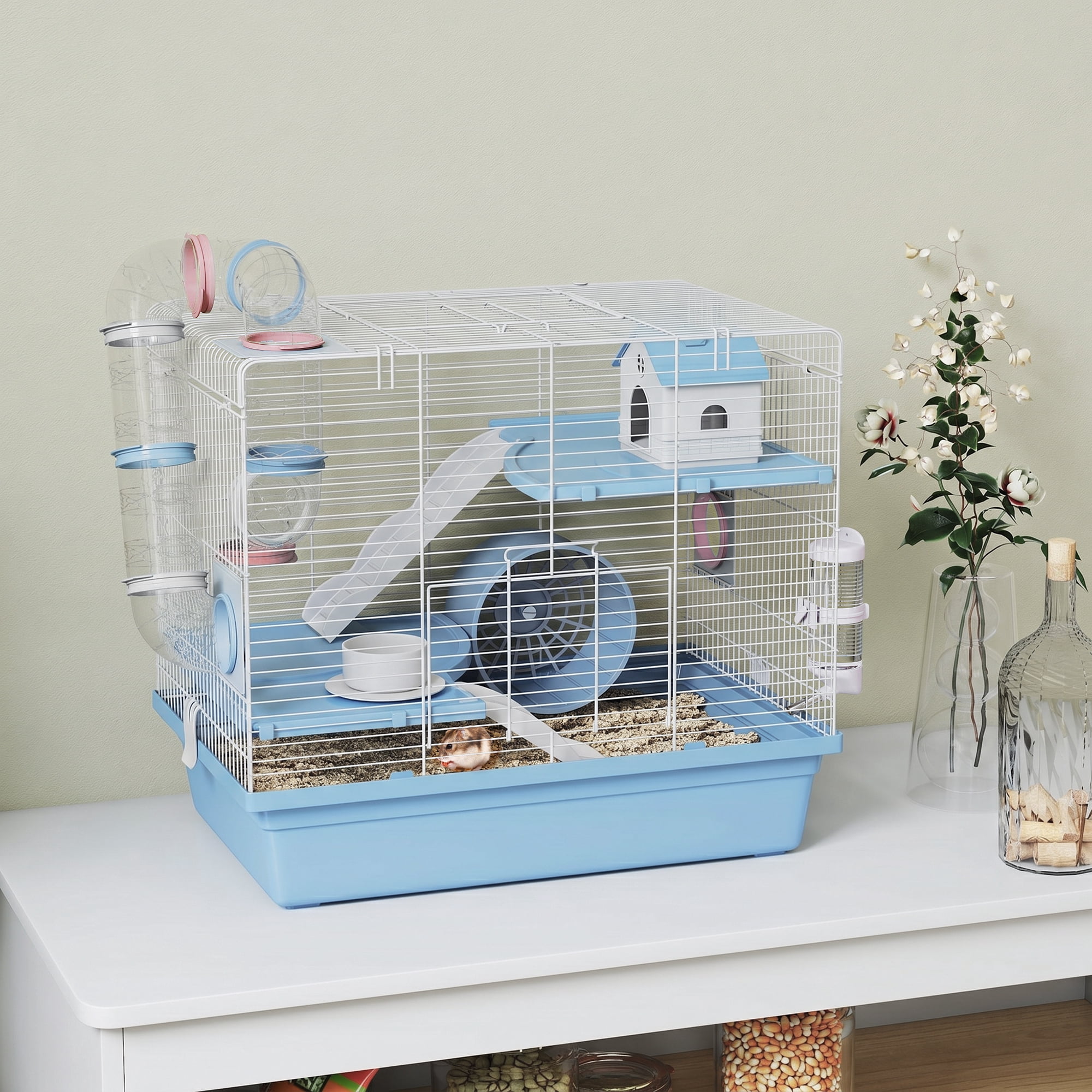 PawHut Hamster Cage, 3-Tier Gerbil Cage with Exercise Wheel, House, Tunnels, Ramps, Small Animal Cage for Dwarf Hamster, Blue