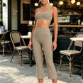 thumbnail image 6 of Women Racerback Scoop Neck Sports Bra High Waist Cropped Flare Pants 2 Piece Athletic Workout Outfit Sets Khaki XXL, 6 of 9