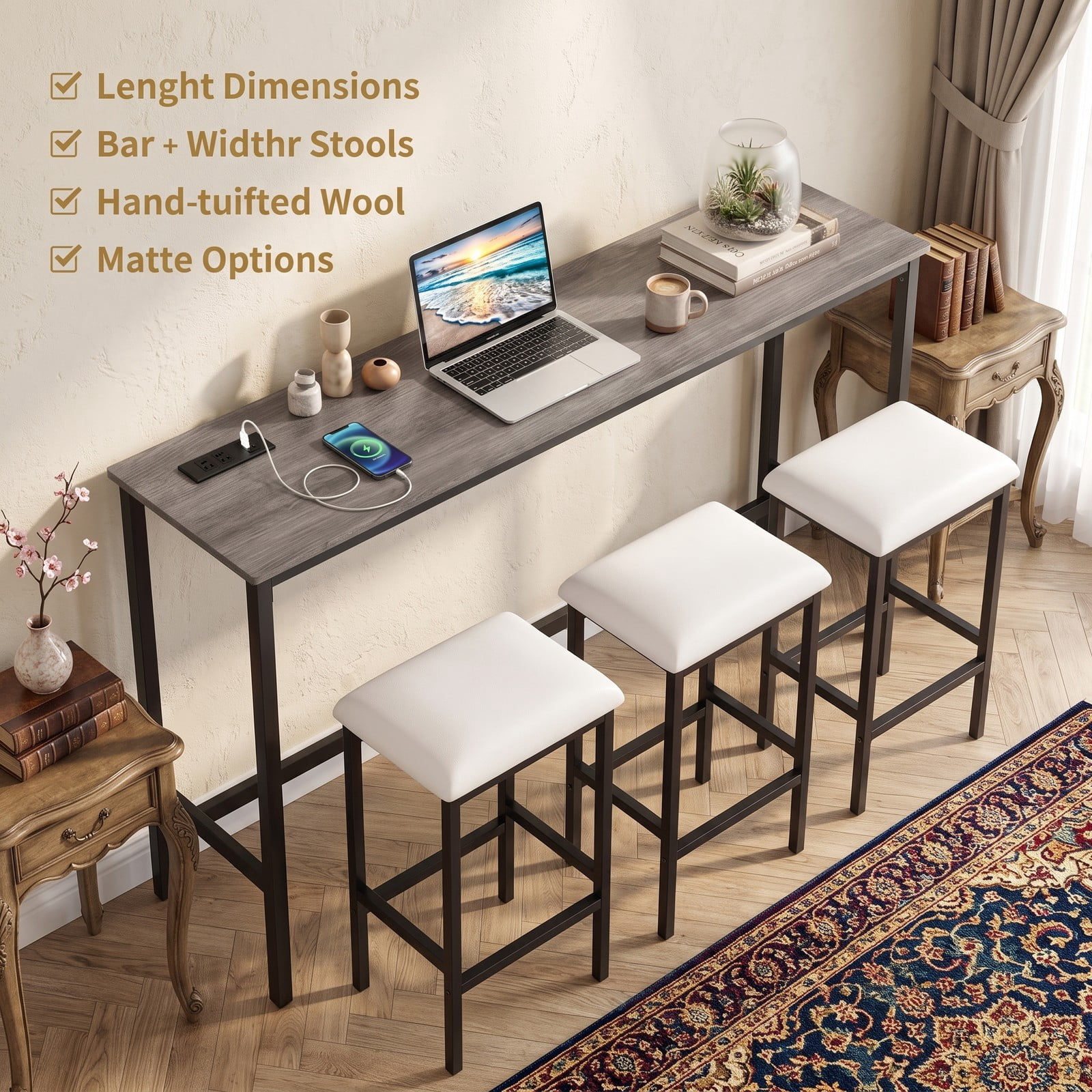 Furnibear 4-Piece Counter Height Bar Table Set with Power Outlet & USB Ports, 60" Pub Dining Table with 3 Padded Backless Stools, Space-Saving Kitchen Breakfast, Gray