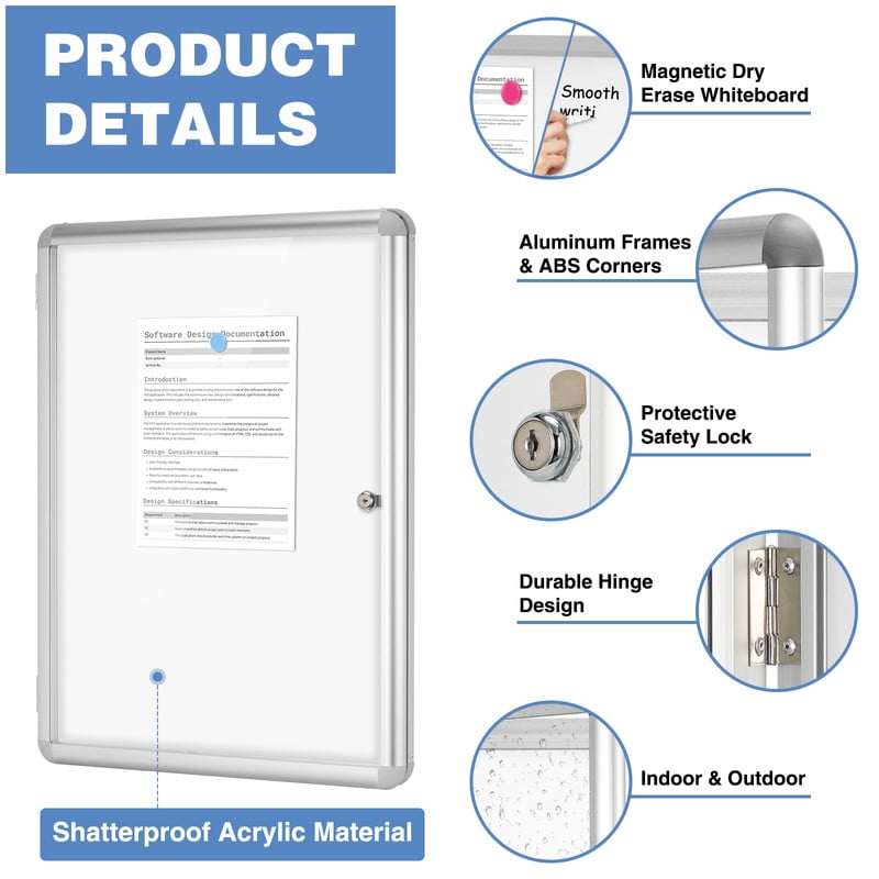 Lockable Notice Board 36"x24" Tamperproof Enclosed Display Board Whiteboard Cabinet for Wall Outdoor Use for Home Office Library, Community, Corridor, Wall-Mounted, Sliver Aluminium Framed
