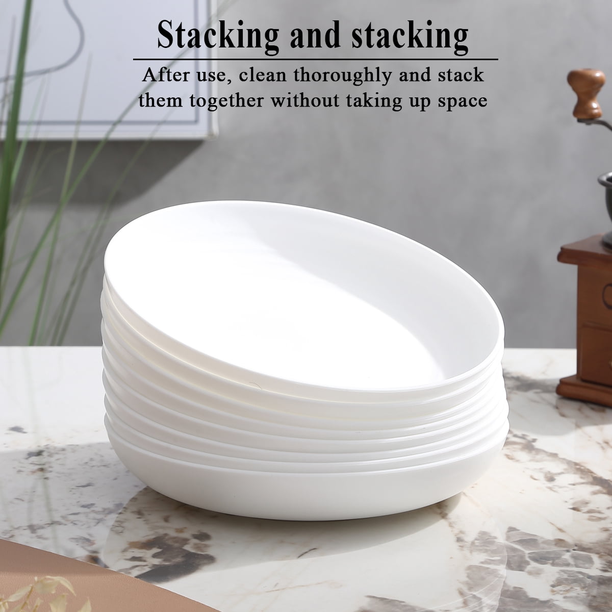 ReaNea 9" White Plastic Plates 12 Pieces, Unbreakable and Reusable Large Deep Dinner Plates, Light Weight Easy to Carry for Camping,Travel, Pinic