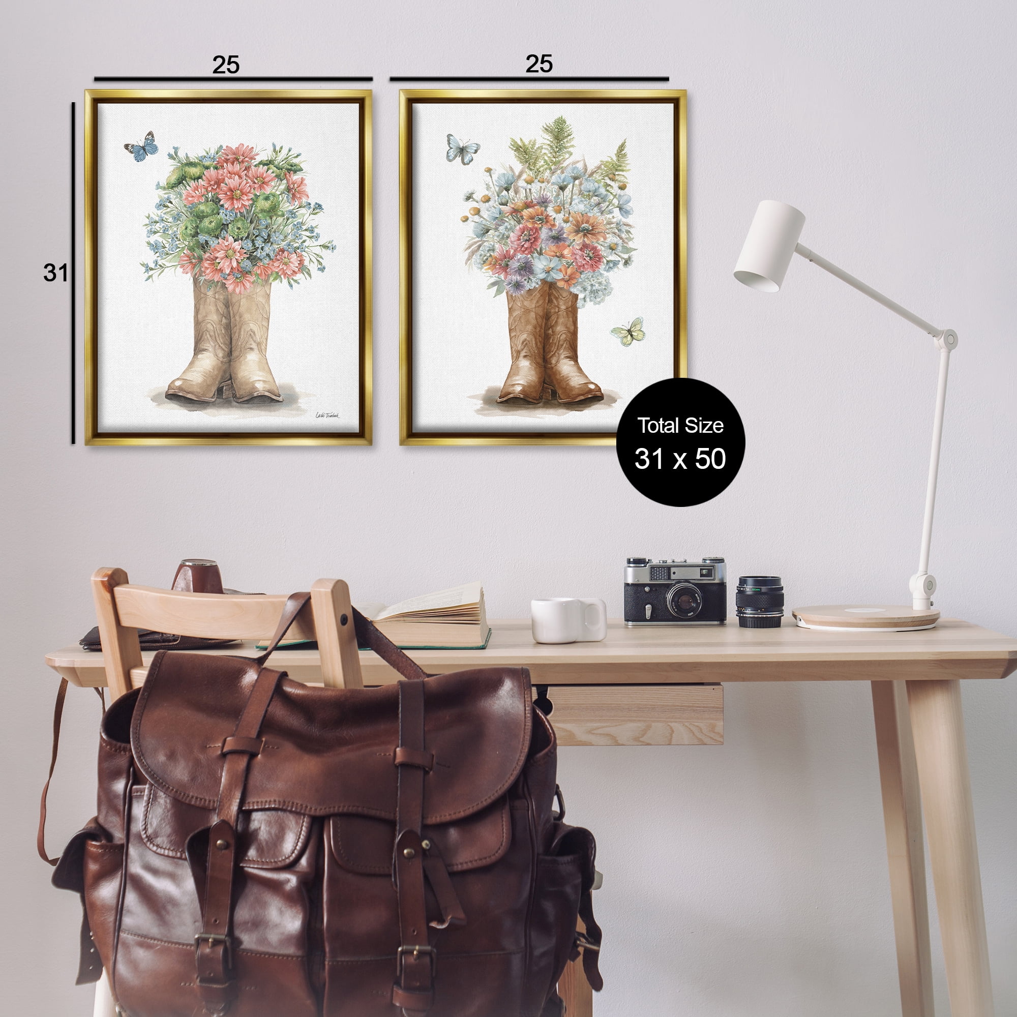 Stupell Industries Wildflower Western Boots Butterfly Plants & Flowers Painting Gold Floater Framed Canvas Art Print Wall Art, 31 x 25, Set of 2