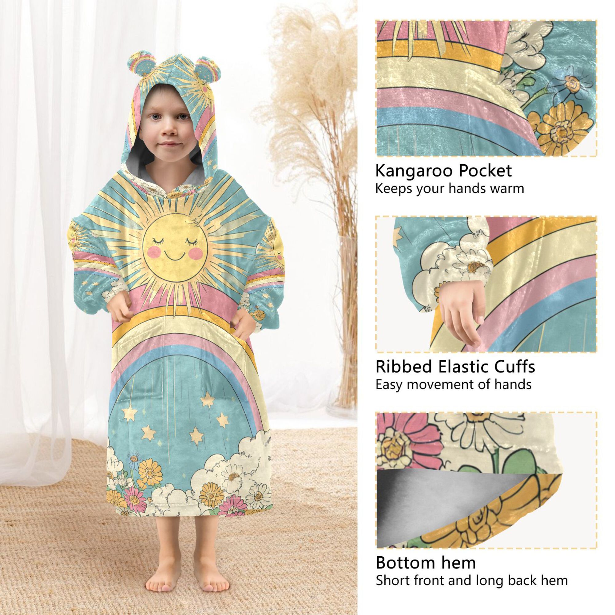 FORMRS Wearable Blanket Hoodie with Sleeves for Kids Cozy Flannel Sweatshirt, Retro Beige Rainbow
