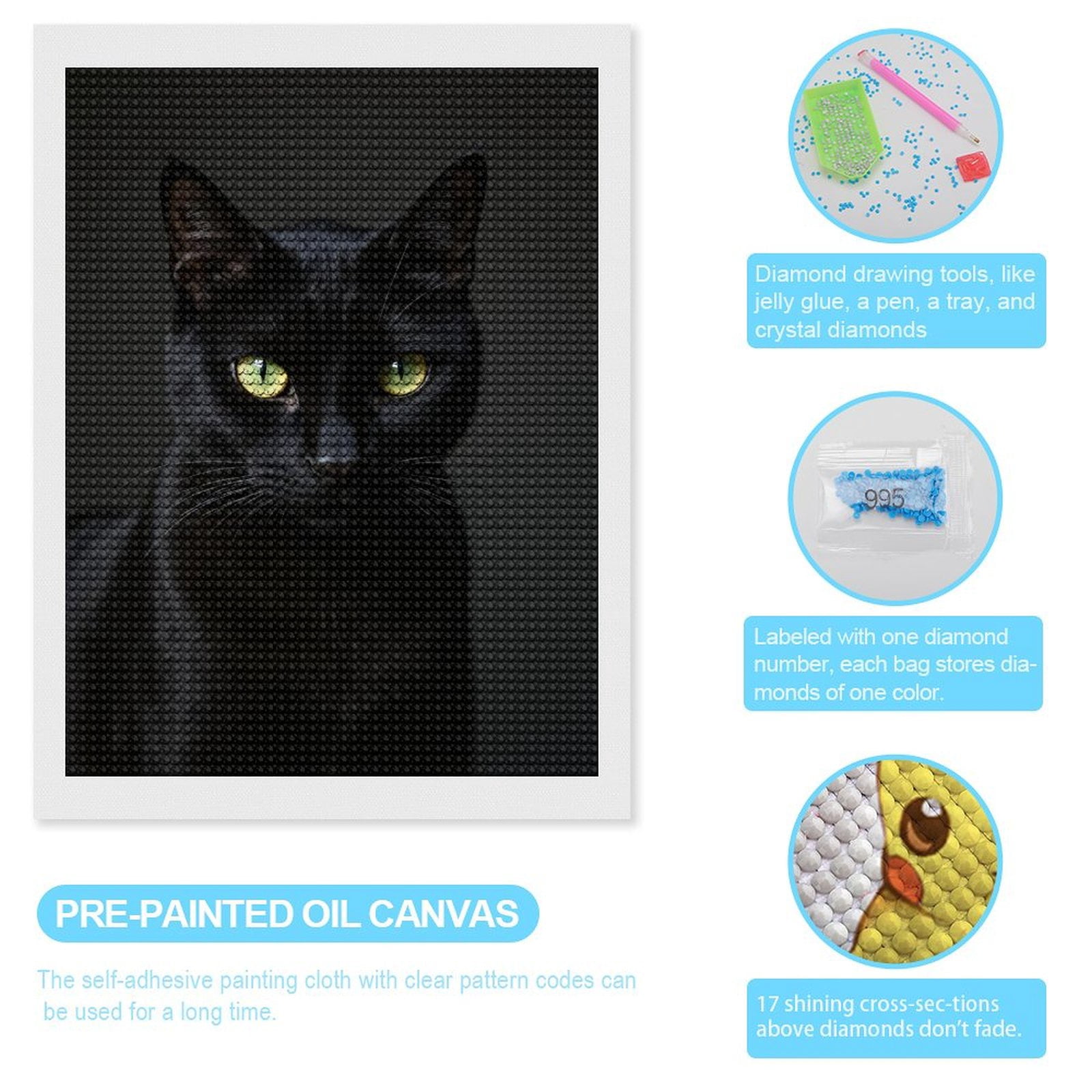 Diamond Art Kits for Adults, Black Cat Green Eyes Portrait 5D Diamond Painting Kits for Adults Beginners, DIY Full Drill Diamond Painting, Gem Art and Crafts 12x16