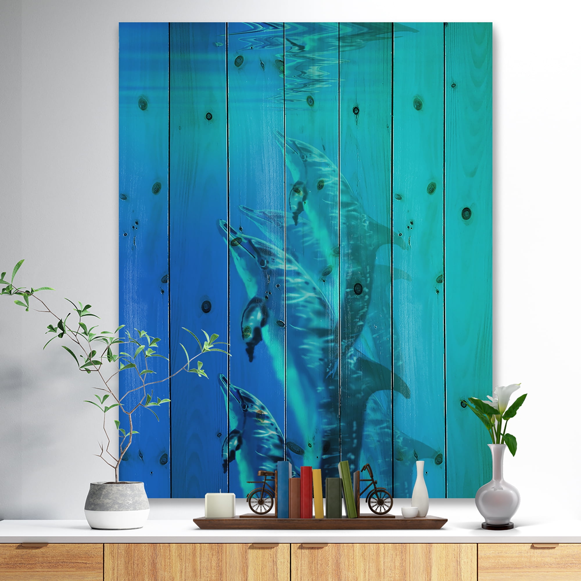 Designart 'Dolphin in Blue Sea' Seascape Print on Natural Pine Wood