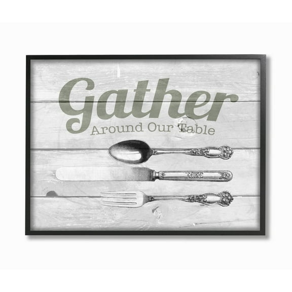 Stupell Industries Gather Silverware Kitchen Wood Texture Word Design Framed Wall Art by The Saturday Evening Post, 11" x 14", Black Framed