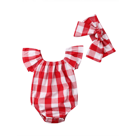 

Inevnen Baby Girl Red Plaid Romper Exquisite Ruffled Design Bow Hairband Fashion Jumpsuit