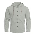 thumbnail image 7 of kosheko Men's Full-Button Textured Linen Hooded Shirt, Adjustable Neck Drawcord, Light Breathable Fabric for Beach Trips Gray XXL, 7 of 7