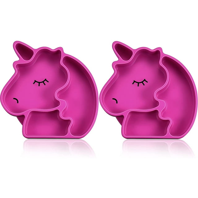 2 Pieces Portable Silicone Suction Plates for Babies Toddlers Non Slip Suction Plates Divided Plate Baby Toddler Plate Reliable Unicorn Plate, Purple