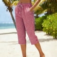 thumbnail image 6 of Gingham Capris for Women Petite Linen Cropped Pant Lightweight Dressy Casual Wide Leg Elastic Waist Summer Pull on Ladies Palazzo Capri Trouser with Pockets Red 3XL, 6 of 6