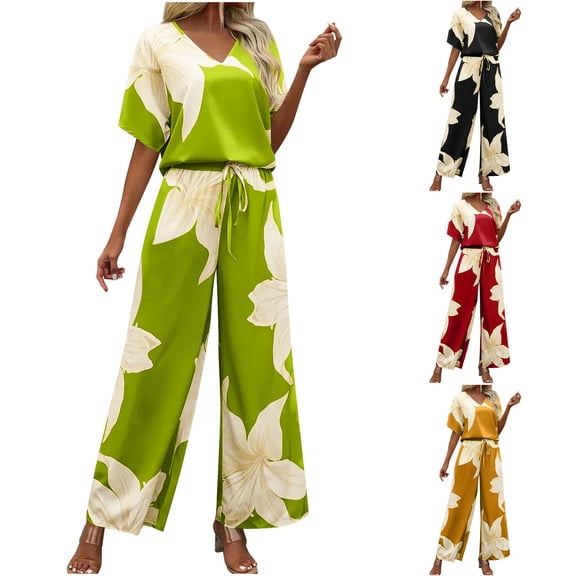 Neewe Women's Summer 2 Piece Outfits 2026 Short Sleeve Tops Wide Leg Pant Sets Casual Tracksuit-Yellow L