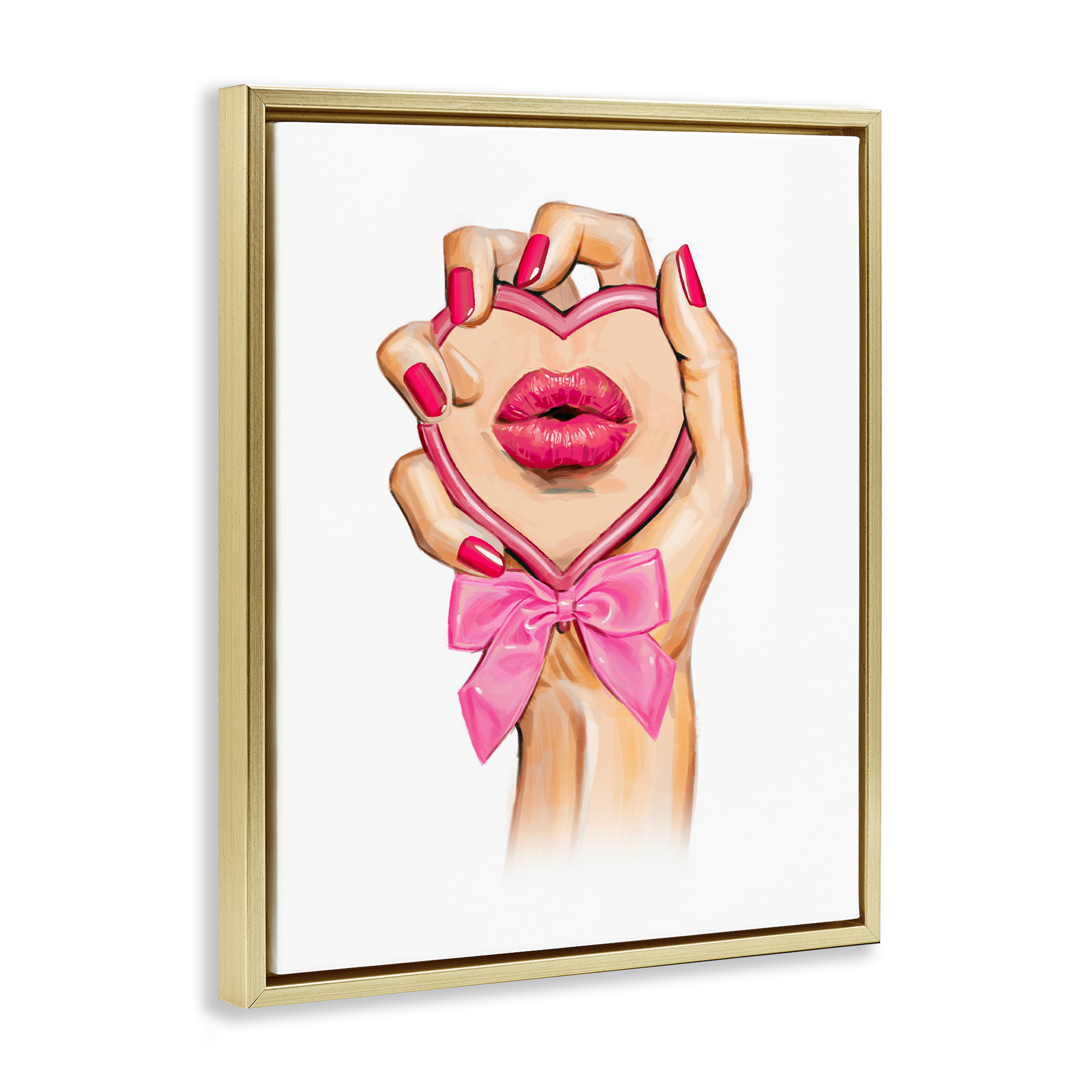 Pink Lips in Mirror Gold Framed Floater Canvas Wall Art, design by Ziwei Li