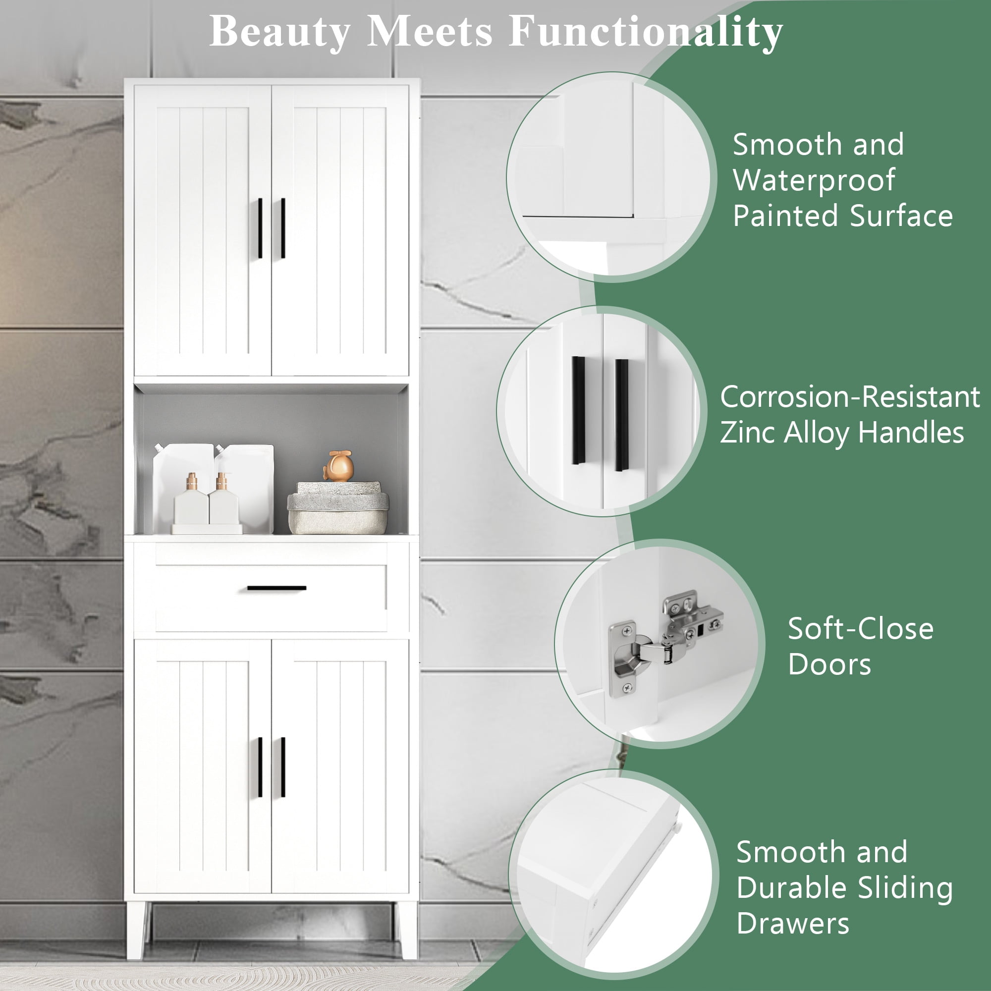 Euroco Tall Bathroom Storage Cabinet with Adjustable Shelves, Soft-Close Doors, and Drawer, Water-Resistant Finish