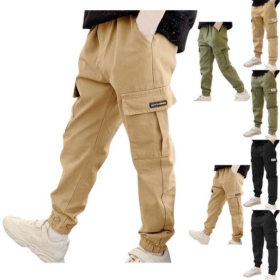 HOMADLES Cargo Pants for Boys Elastic Waist Cotton Straight Fit School Uniform Pants 12-14 Multiple Pockets Baggy Jogger Pants Outdoor Hiking Khaki 8 Years