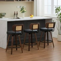 Set of 3 Rattan Bar Stools - 26" Counter Height, Swivel, Cane Back, Walnut, Black Upholstered Seat, Kitchen Island Stools for Dining/Bar
