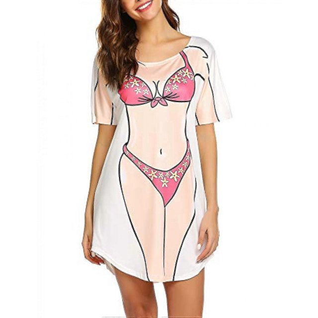 Vestido playero holgado de manga corta para mujer, con estampado de bikini, ideal para usar en la playa, color rosa (talla S)
