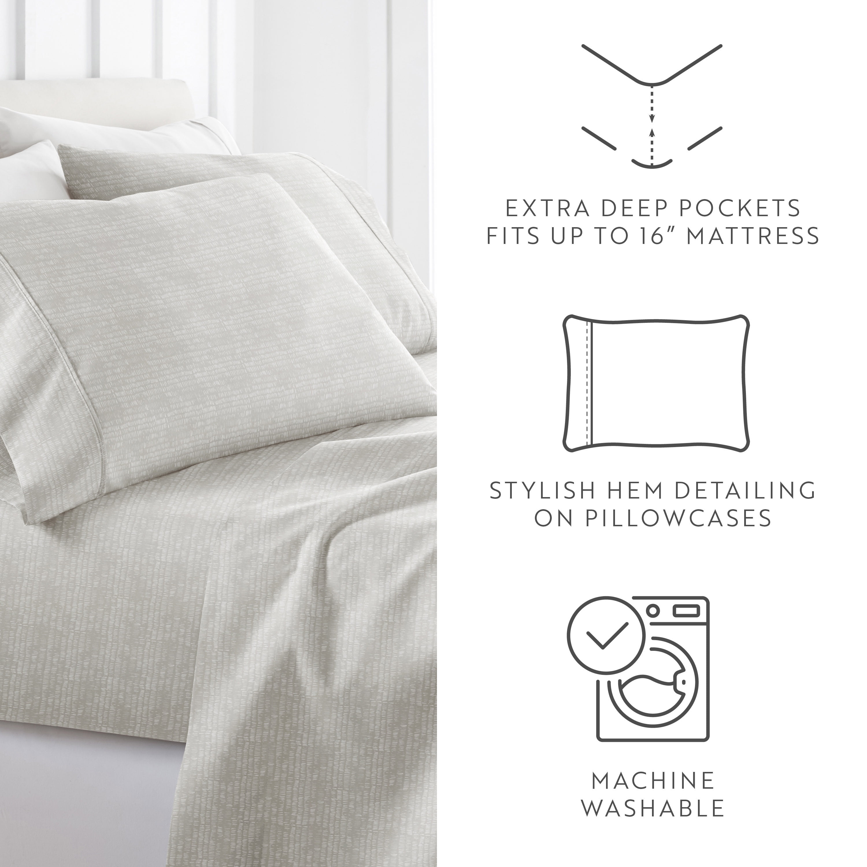 Noble Linens 4 Piece Pattern Microfiber Bed Sheets Set, Dashed Lines Light Gray, Full