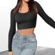 thumbnail image 4 of Top ajustado con cuello redondo para mujer camisas elásticas de Color sólido Tops traje de calle sexi, 4 of 7