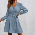 thumbnail image 2 of Womens Wrap V Neck Long Sleeve Casual Dress Tie Waist Solid Color A Line Dress Loose Comfy Party Dress for Women, 2 of 7