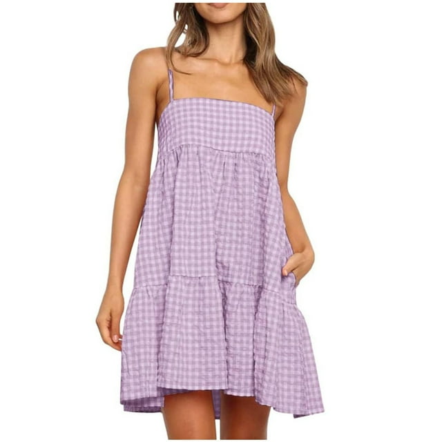 Staron Liquidation Robes d'Été pour Femmes 2025 Bohème Ligne A d'Été Ourlet à Volants Bretelles Spaghetti Fluide Mini-Robe Ample Décontractée Mignonne Sans Manches Plage Vacances Robe d'Été avec Poches