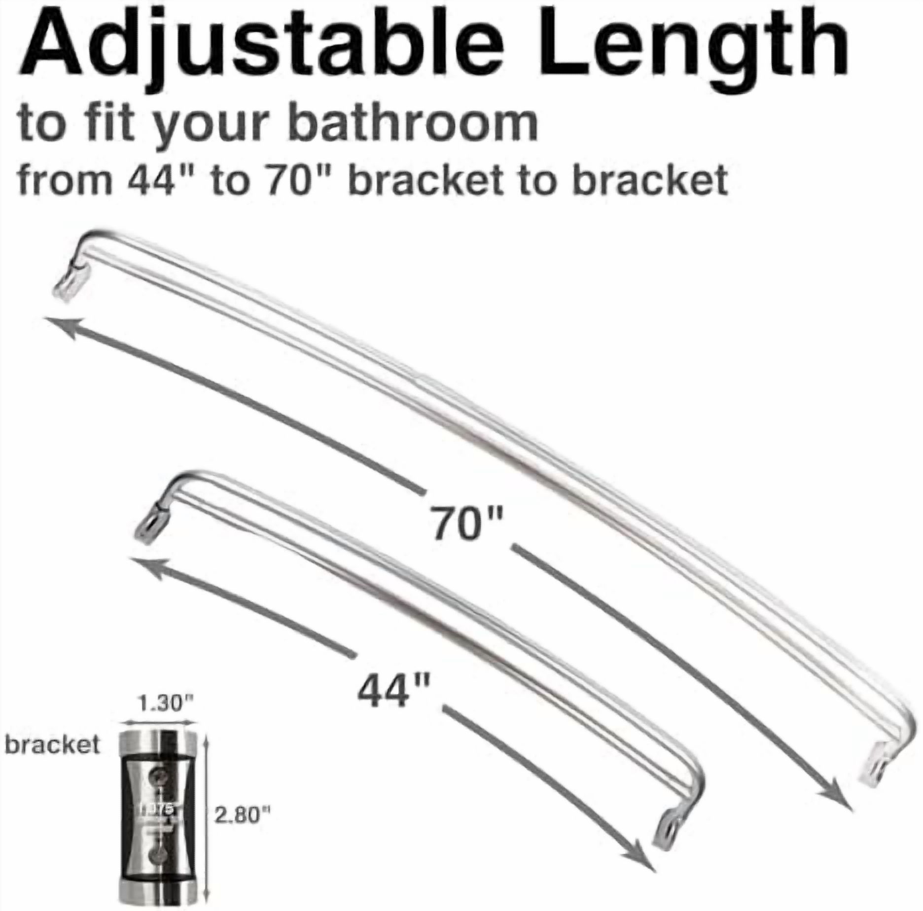 Double Curved Shower Rod, Metal Construction, Adjustable Between 44 to 70 Inches, Aluminum Rods and Zinc Mounting Hardware, Quality Modern Bathware, Brushed Nickel Finish
