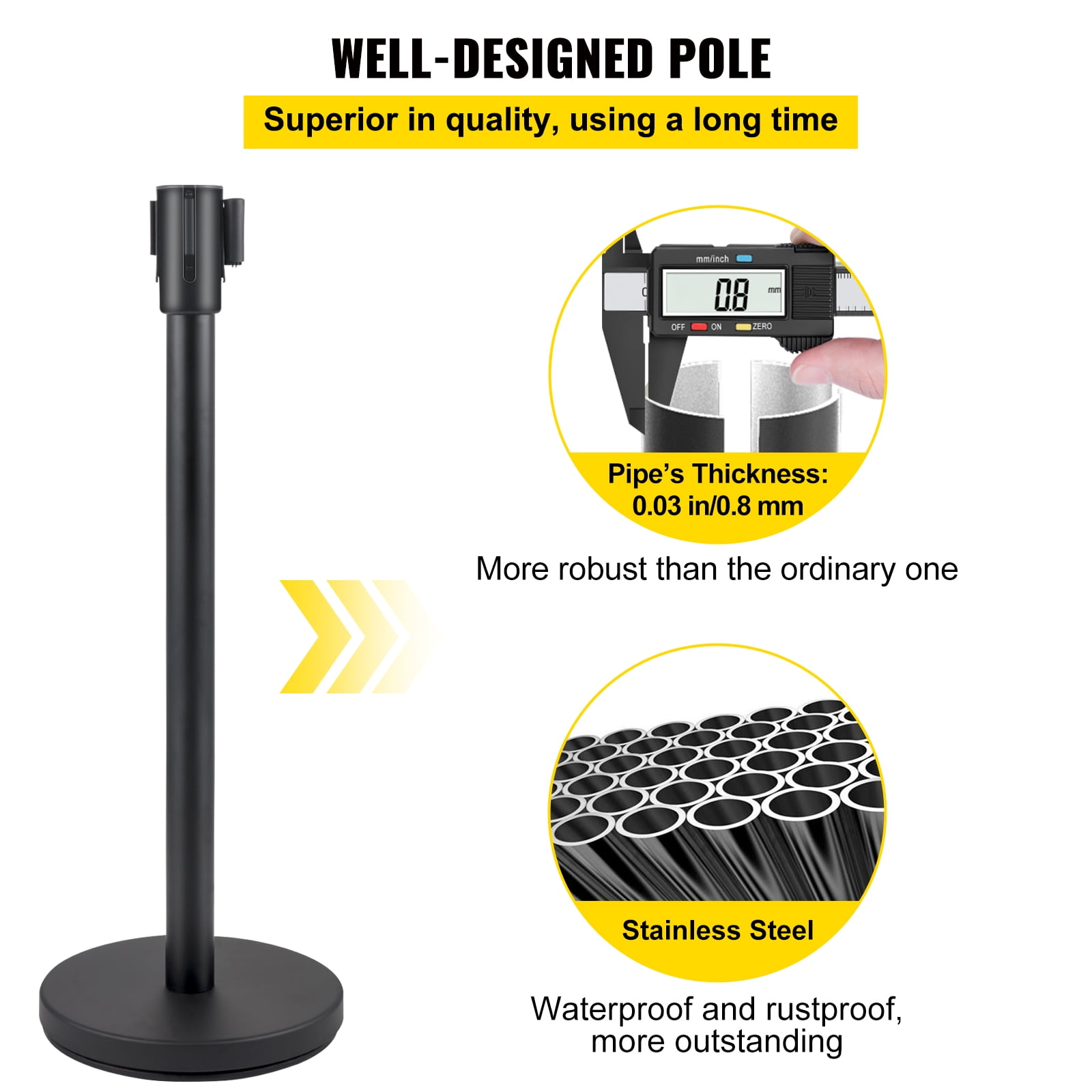 KFFKFF Crowd Control Stanchion, Set of 6 Pieces Stanchion Set, Stanchion Set with 6.6 ft/2 m Black Retractable Belt, Black Crowd Control Barrier w/Concrete and Metal Base – Easy Connect Assembly