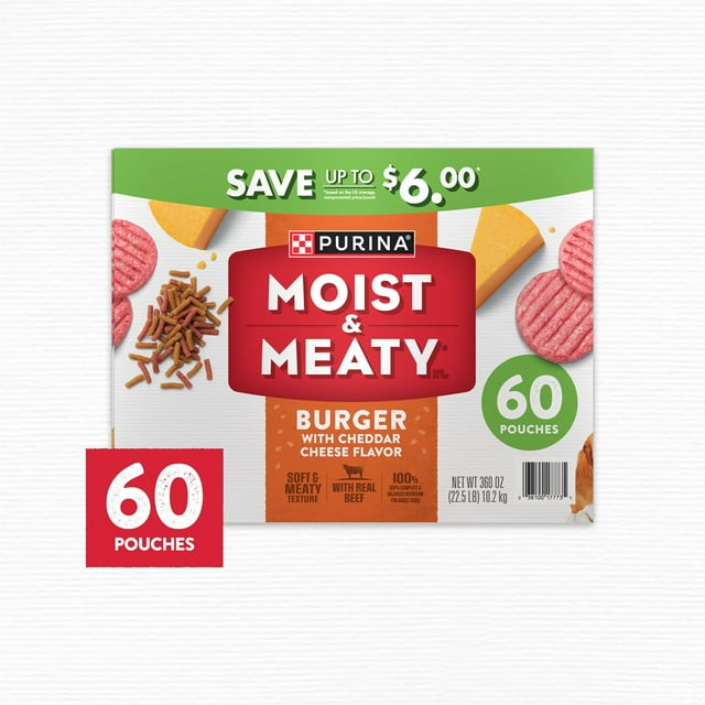 Purina Moist & Meaty Burger with Cheddar Cheese Flavor, Adult Dog Food, 6 oz., 60 ct.