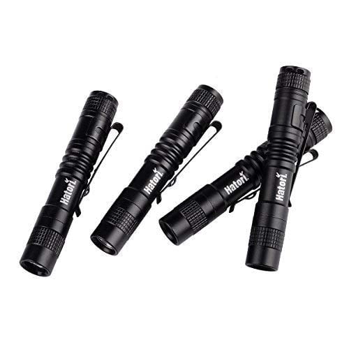 [4 Pack] HATORI Super Small Mini LED Flashlight Set Battery-Powered Handheld Pen Light Tactical Pocket Torch with High Lumens for Camping, Outdoor, Emergency, Everyday Flashlights, 3.55 Inch
