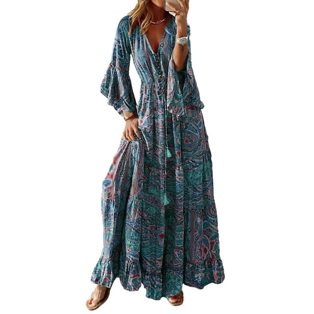 Boiiwant Robe Longue Bohème Grande Taille pour Femmes Manches Longues Évasées Imprimé Fleuri Robe d'Été Plissée Évasée Maxi Robe de Plage