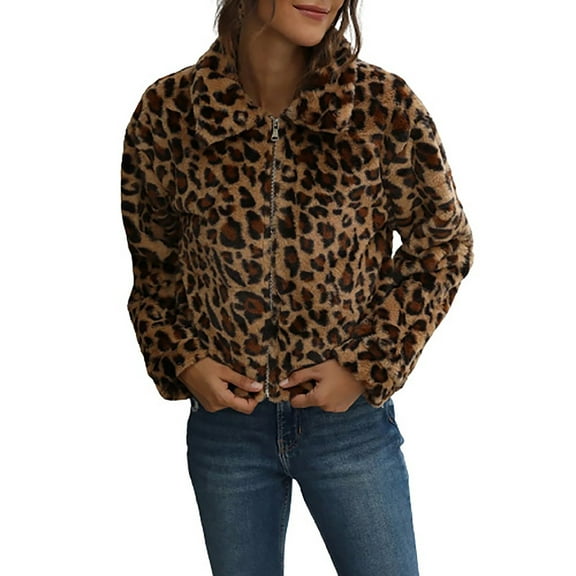 BiZtdJrK Faux Fur Zip Up Jacket Women 2025 Winter Sexy Leopard Print Long Sleeve Lapel Coats Loose Oversized Fluffy Fuzzy Outwear Brown M