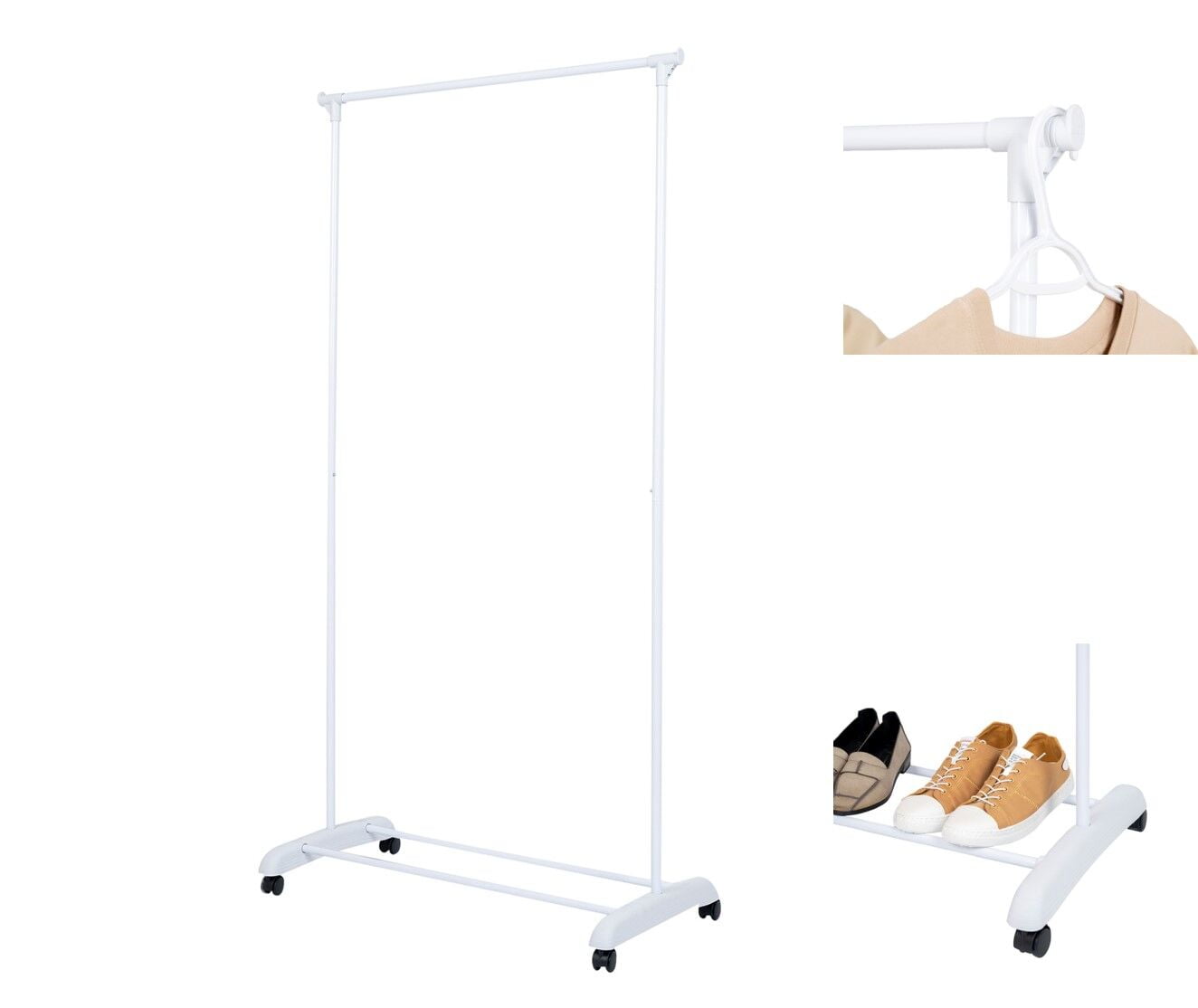Mainstays Porte-vêtements simple tige simple, blanc. Taille assemblée: 89cmx44.45cmx172.72cm; Supporte jusqu'à 9kg; Roulettes de transport; Rangement supplémentaire en bas.