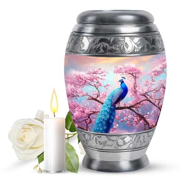 JAGASY Peacock Urn for Ashes Adult Male, Pink Large Urns for Human Ashes for Women, Cherry Blossom Tree & Flowers Decorative Urns for Parents, Cremation Urn for Mom & Dad, (10 Inch)