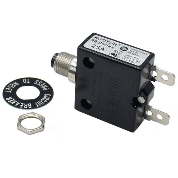 KUOYUH USA 3-50 Amps 98 Series Quick Connect Terminals Push-To-Reset Thermal Circuit Breaker with Transparent Waterproof Button Dust Cover (1-Pack) (25A)