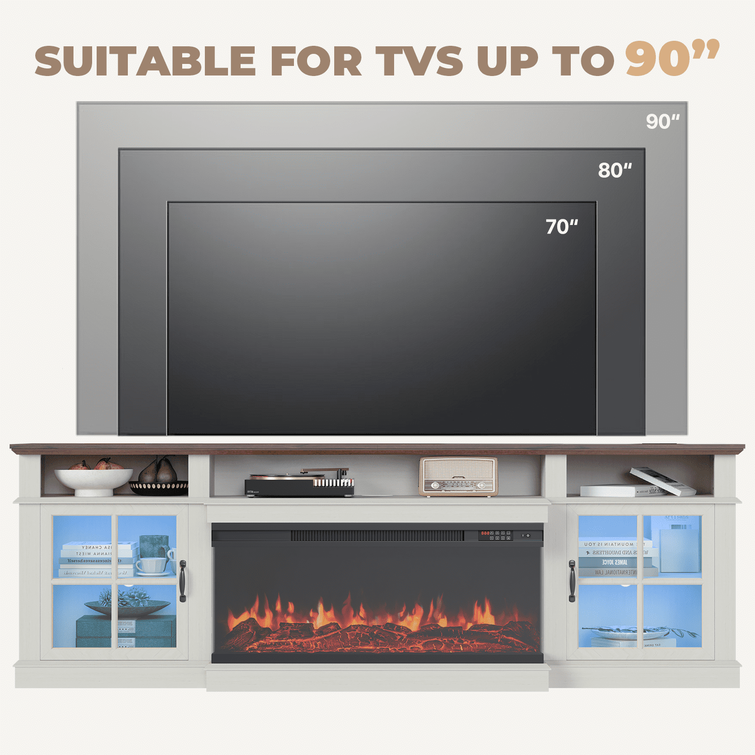 BaPiPro 80" Farmhouse Fireplace TV Stand for TVs Up to 90", Entertainment Center with 3-Sided 36" Electric Fireplace & LED Lights, 2 Drawers & 2 Storage Cabinet, White