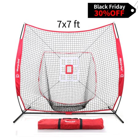 Pitching Protection Net Morpilot 7x7 Baseball & Softball Hitting, Pitching, Batting and Catching Net, With Carry Bag, Strike Zone Target, 3 Weighted Balls ()