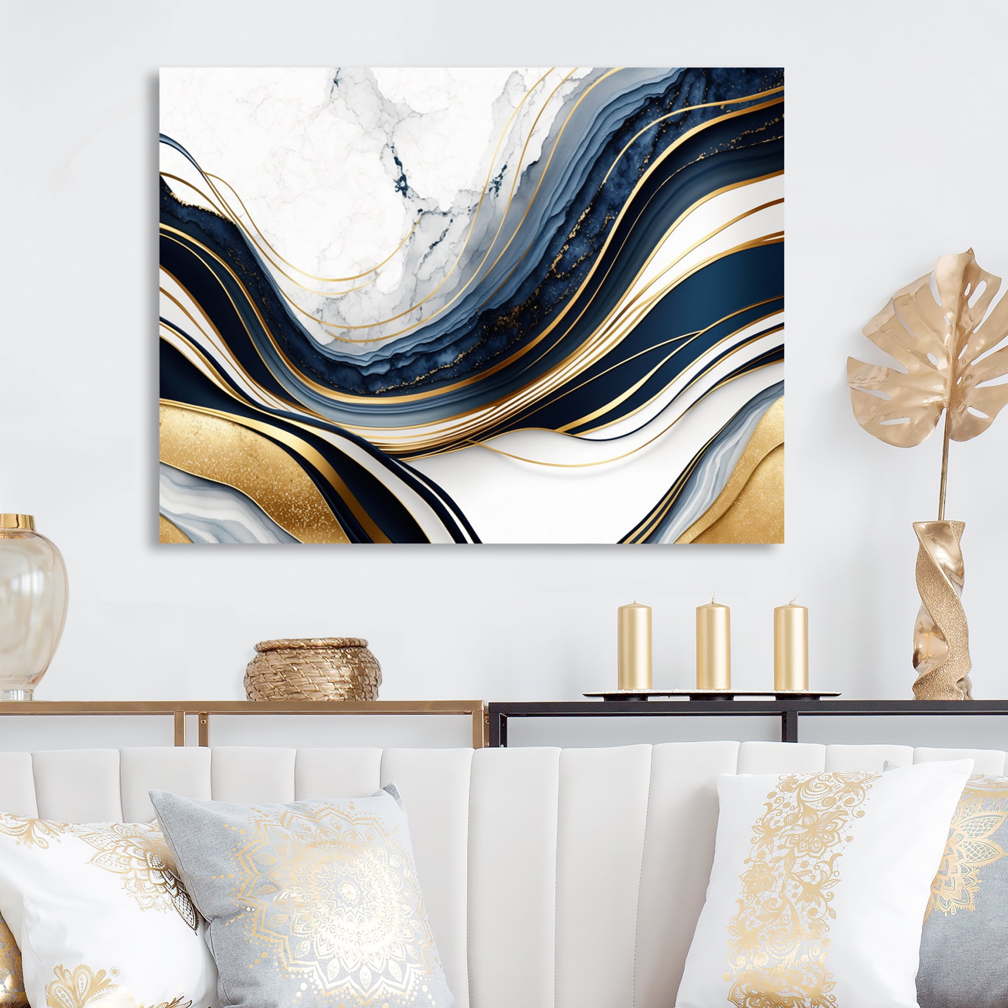 Designart Abstract Geode Waves Blue And Gold III Canvas Wall Art