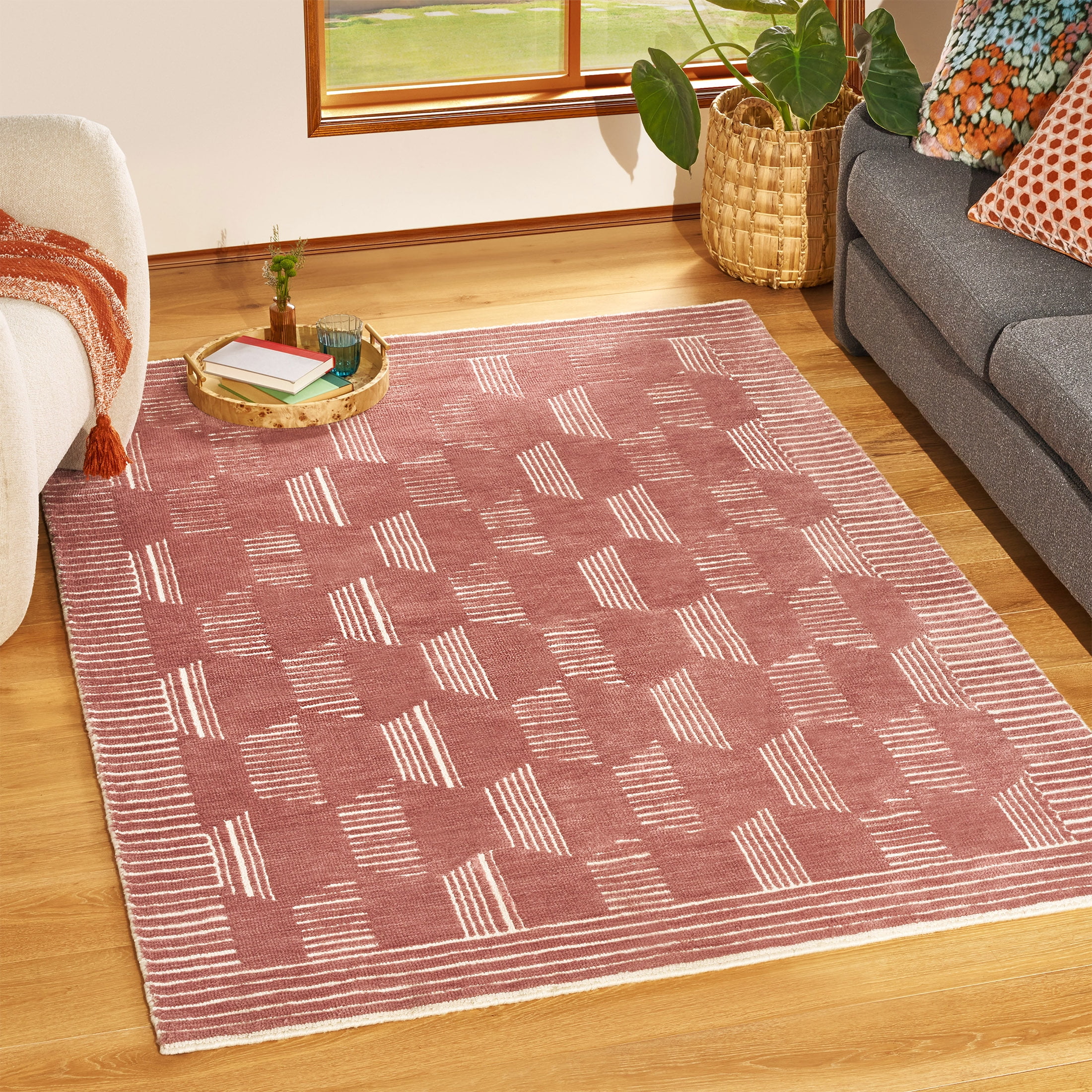Beautiful Tufted Rose Geometric Stripe Indoor Area Rug by Drew Barrymore, 8' x 10'