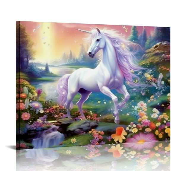 ONETECH Unicorn Canvas Wall Art Colorful Unicorn Elf Peacock Castle Pictures Print Framed Unicorn Decor For Girls Princess Room Modern Home Artwork Unicorn Painting 20x16in