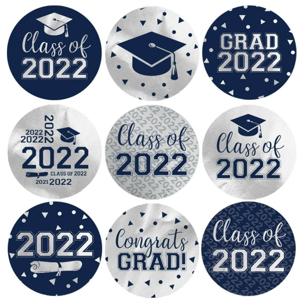 Graduation Class of 2022 Party Favor Stickers -Blue and Silver School Colors - 180 Stickers - Distinctivs
