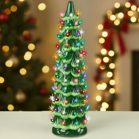 Best Choice Products Ceramic Christmas Tree, 15in Hand-Painted Holiday Decor w/Multicolor LED Lights  Green
