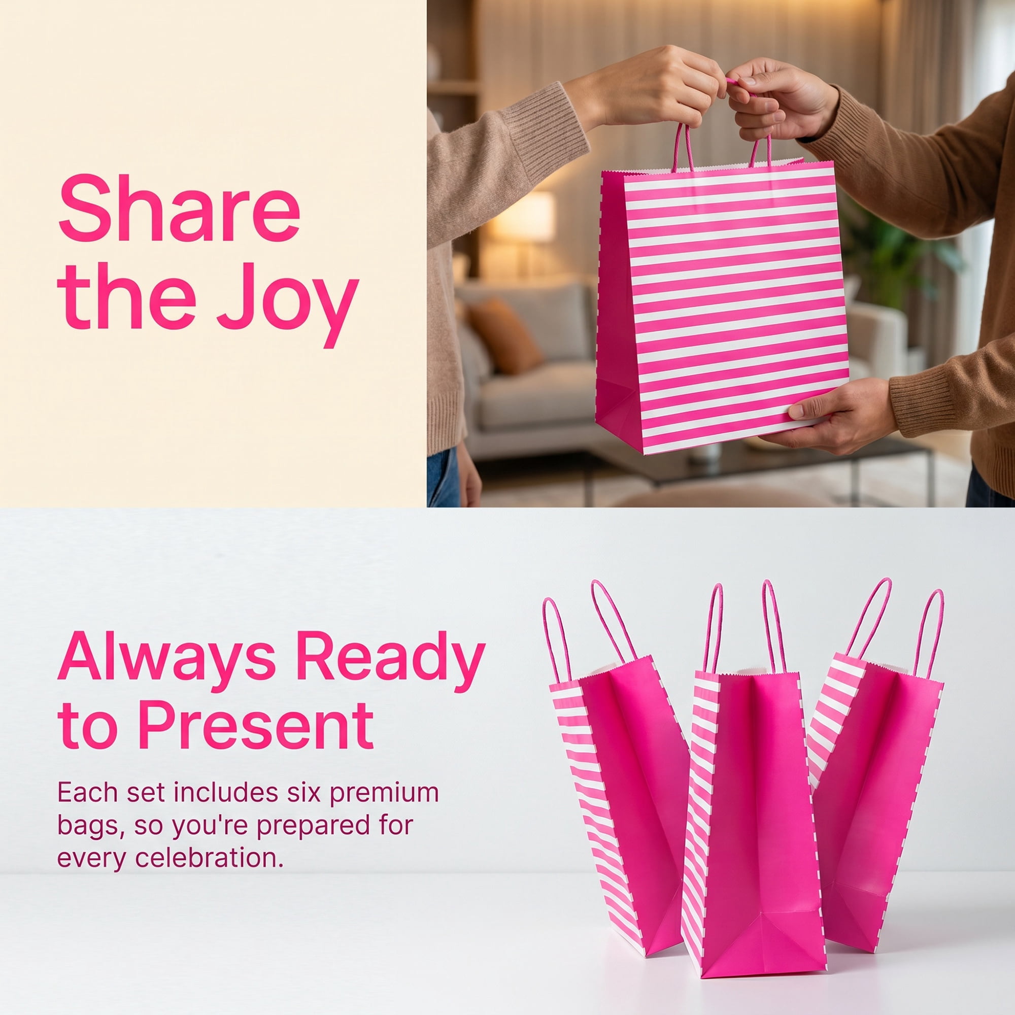 Unique Bargains Horizontal-stripe Gift Bag for All Occasions and Celebrations Rose Red 10.2" x 5" x 12.6"