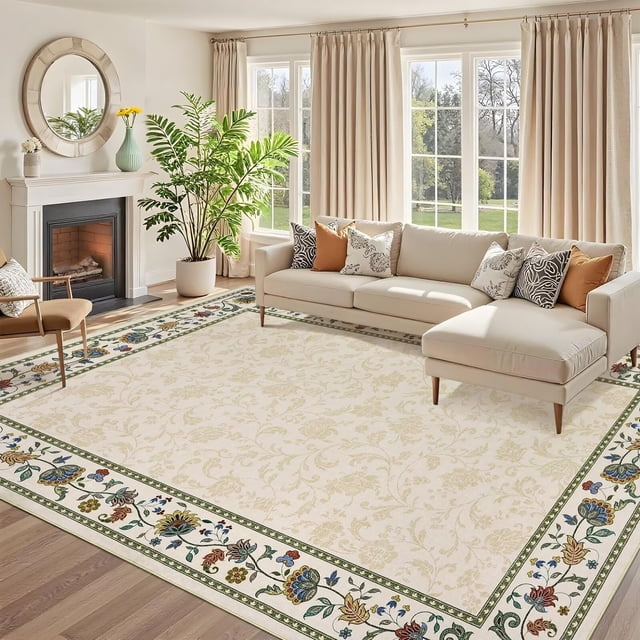 8x10 Living Room Rugs Washable Soft Floral Print Bedroom Area Rug Retro Accent Large Under Table Carpet for Dining Room Low Pile Stain Resistant Floor Cover for Home Office, Beige