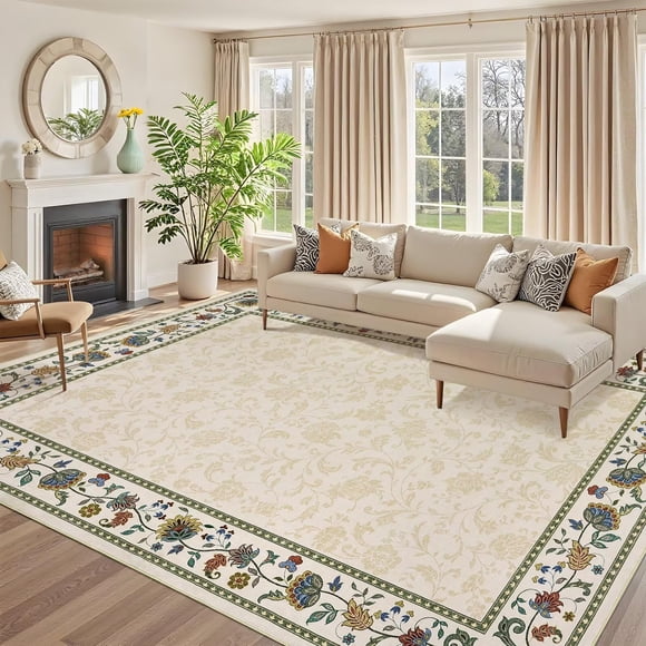 10x13 Area Rug for Living Room Washable Vintage Floral Pattern Large Bedroom Rug Indoor Modern Geometric Bordered Rug Soft Non-Slip Under Table Carpet for Dining Room Apartment Office, Beige