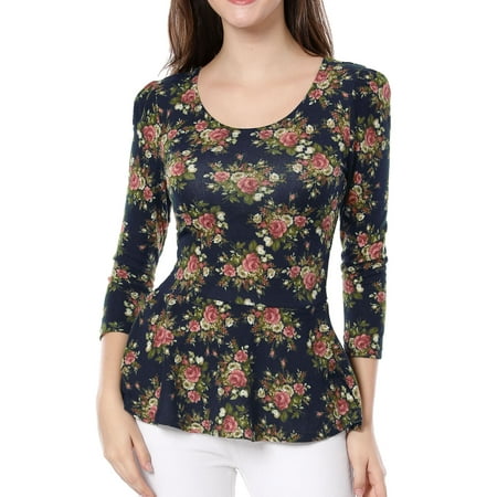 - Women Floral Prints Scoop Neck Casual Peplum Top