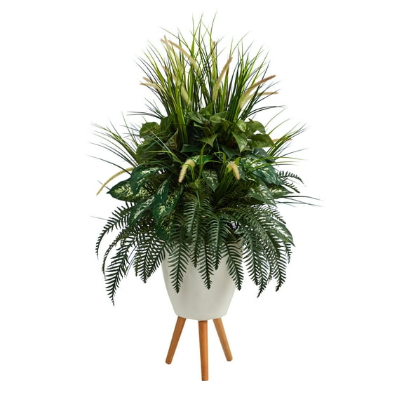 Nearly Natural 4.5' Mixed Greens Artificial Plant in White Planter with Legs, Green