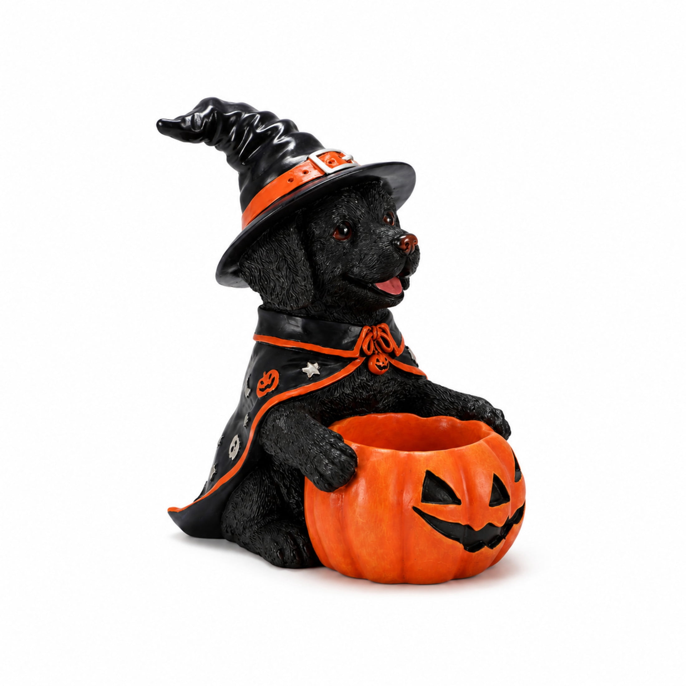 Noble House Halloween Labrador Retriever Witch Puppy Figurine with Pumpkin Candy Bowl, Decorative Statue, Black