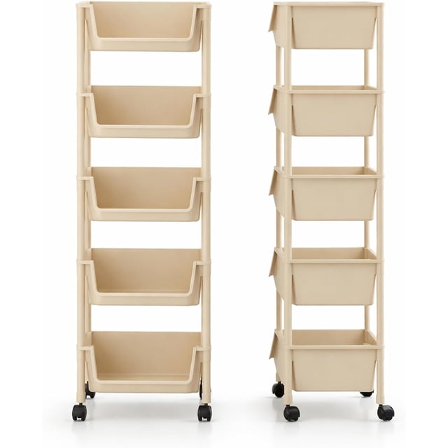 Bluelander Carrito Organizador de Plástico de 116 * 30 * 20 cm con Ruedas, 5 Estantes Multiusos, Estante Organizador Compacto para Baño o Cocina, Diseño Vertical